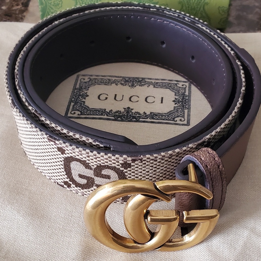 Gucci Beige Brown GG Canvas Belt with Gold Double G Buckle